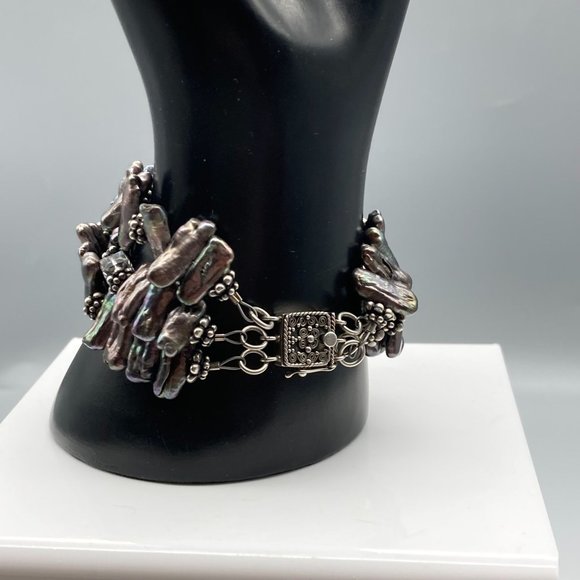 Vintage Triple Strand Biwa Pearl and Cut Crystal Bracelet with Sterling Silver - Picture 5 of 7